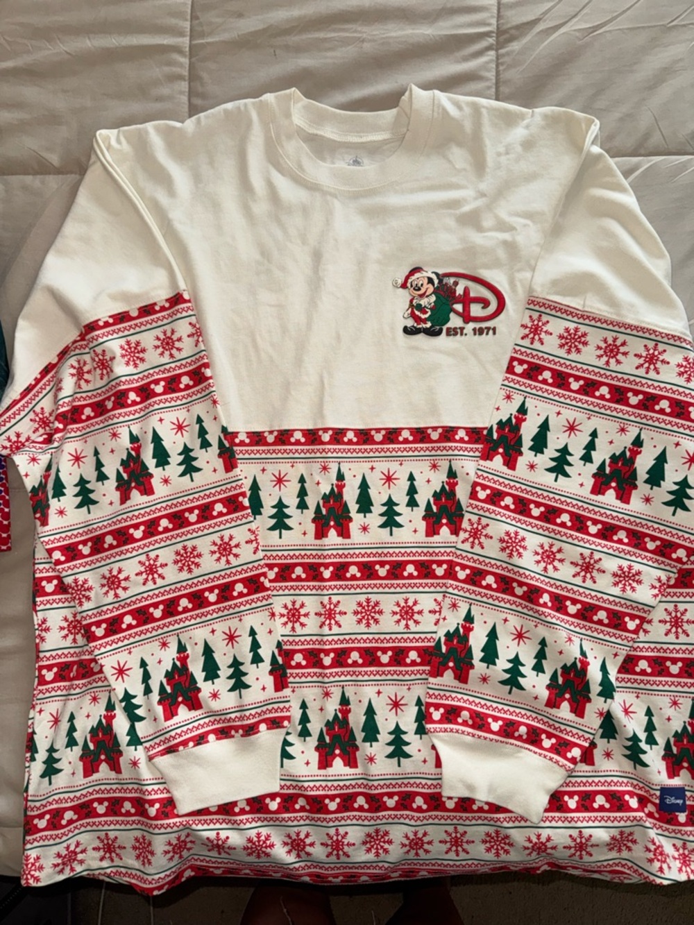 Disney White Red Green Holiday Mickey Castle Pullover